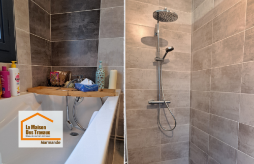 Choix des carrelages et rendu final d’une salle de bain rénovée près de Marmande. Une réalisation personnalisée accompagnée par La Maison Des Travaux.