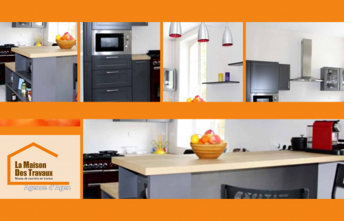 Aperçu détaillé d’une cuisine rénovée près d’Agen par La Maison Des Travaux d’Agen. Design élégant et fonctionnel avec rangements optimisés.