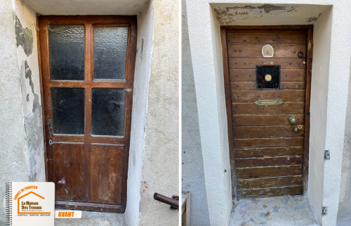 rénovation porte entrée Megève, rénovation bois maison ancienne, porte entrée bois montagne, rénovation patrimoine Haute-Savoie, la maison des travaux chamonix