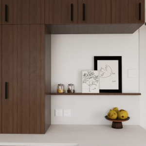 Détail mobilier cuisine sur mesure bois foncé rénovation intérieure