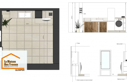 Plan d’aménagement de buanderie conçu pour optimiser l’espace, les circulations et les usages avant le lancement des travaux à Quimper.