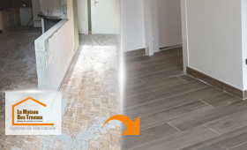 Cette photo montre l’état d’origine de la pièce avant rénovation, avec un carrelage classique et une cloison partielle séparant les espaces. 