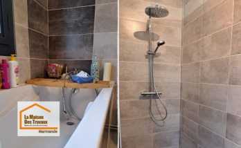 Choix des carrelages et rendu final d’une salle de bain rénovée près de Marmande. Une réalisation personnalisée accompagnée par La Maison Des Travaux.