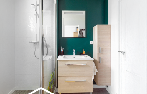 salle de bain vert de face avec lavabo en bois clair