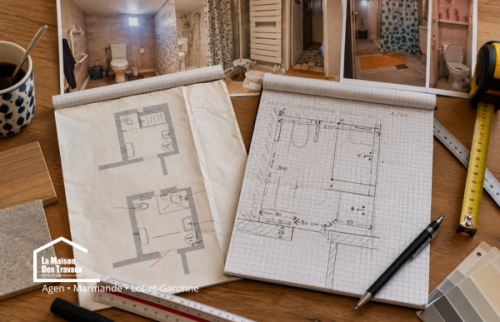 Plans, relevés et étude préparatoire d’une salle de bain PMR afin d’optimiser les volumes, la circulation et l’implantation des équipements.