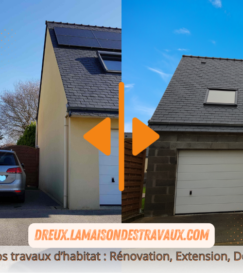 Aperçu de l'extension en cours de construction, avec les murs en parpaings qui prennent forme.