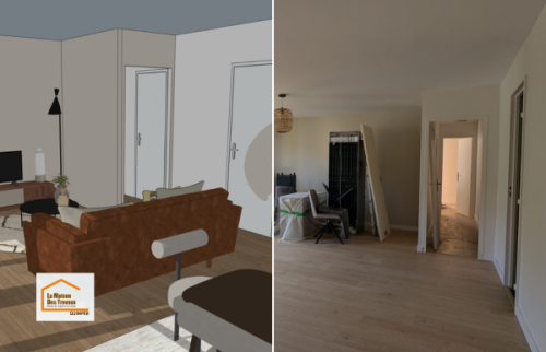 Comparaison entre la projection 3D et le résultat final d’une rénovation intérieure dans le Finistère Sud. Une pièce de vie ouverte, lumineuse et parfaitement conforme au projet imaginé.