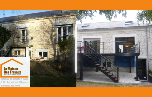 Rénovation façade à Dreux : transformation complète avec une terrasse moderne et accès métal.