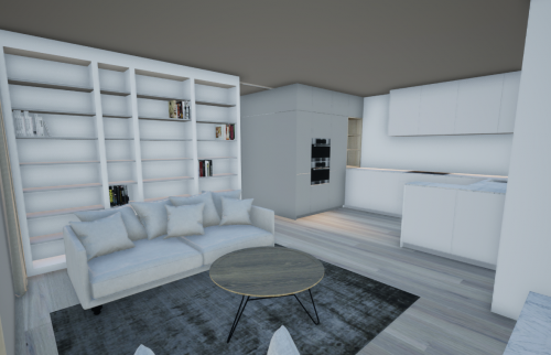 Vue 3D par architecte d'intérieur avec proposition salon - bibliothèque 