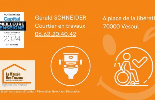 Coordonnées de l’agence de Vesoul – Gérald Schneider, courtier en travaux, spécialiste de la rénovation et de l’adaptation de salle de bain aux normes PMR.