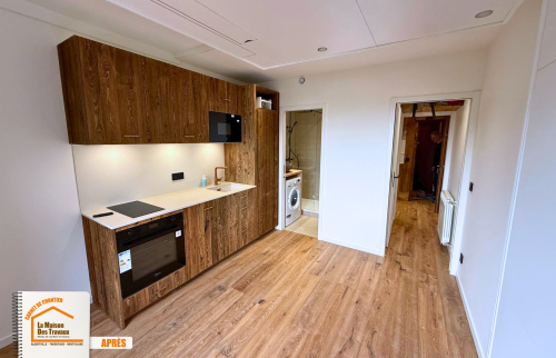 appartement montagne chaleureux, habillage mur effet pierre, optimisation petite surface montagne, rénovation intérieure chalet moderne, projet rénovation Chamonix