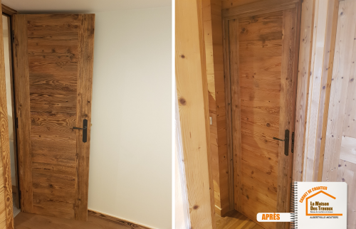 placard bois sur mesure, chambre style chalet, travaux Méribel Moûtiers, rénovation intérieure bois, artisan menuisier Savoie