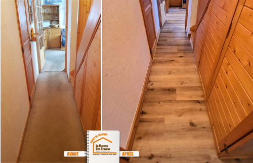 rénovation sol Méribel, remplacement moquette parquet, La Maison des Travaux Albertville, parquet appartement montagne, rénovation intérieure Savoie