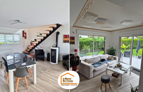  salon mezzanine filet habitation, aménagement maison Douvaine, extension sur mesure Bassin Genevois, architecture moderne Haute-Savoie, courtier rénovation Annemasse