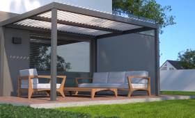 Pergola bioclimatique store latéral sur terrasse en béton imprimé décor bois - Magny-en-Vexin -95420-