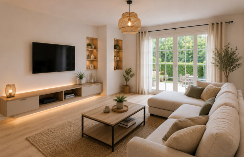 Salon moderne après rénovation complète d'une maison à Cassis avec parquet clair, canapé d'angle, mobilier contemporain, éclairage décoratif et grande baie vitrée apportant de la luminosité.