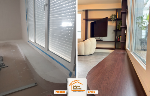 rénovation appartement contemporain, suite parentale design Savoie, vasque pierre intégrée, douche italienne moderne, projet rénovation clé en main