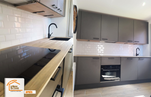  La Maison des Travaux Albertville, rénovation cuisine Méribel, carrelage effet bois Savoie, rénovation pièce de vie appartement, artisan rénovation Moûtiers