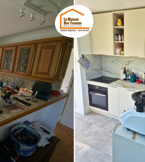 claustra bois cuisine, rénovation maison Bassin Genevois, cuisine effet marbre, rénovation cuisine ouverte 74100, courtier rénovation Haute-Savoie