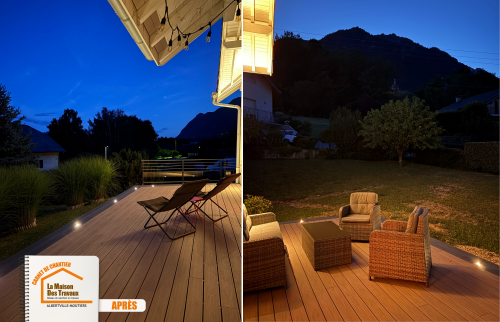 terrasse entrée maison, bois composite terrasse, travaux extérieur Albertville, terrasse sans entretien, projet courtier Savoie