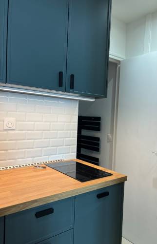 Vue d'ensemble de la cuisine, plaque à induction et crédence métro blanche