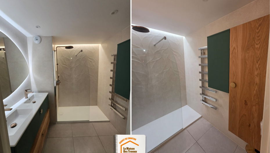 salle de bain moderne Sallanches, faïence texturée douche, robinetterie laiton salle de bain, rénovation salle de bain montagne, la maison des travaux sallanches