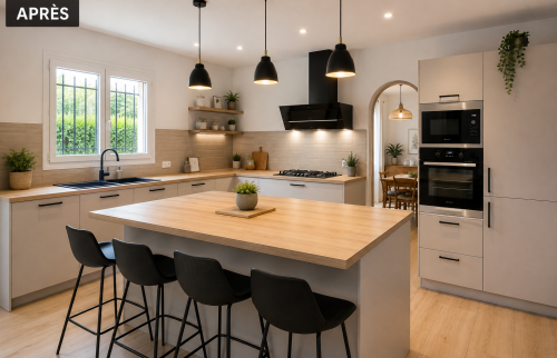 Cuisine moderne après rénovation complète d'une maison à Cassis avec îlot central, mobilier contemporain, éclairage design et espaces optimisés.