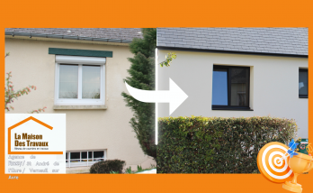 Rénovation de façade avant/après proche d’Anet. Modernisation des menuiseries par Raphaël et Jannely GIL PEREZ, courtiers en travaux.