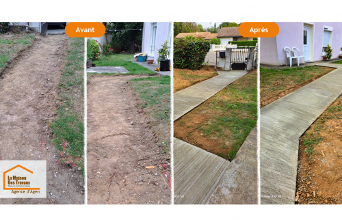 Terrain en pente difficile d’accès à Le Passage avant travaux : un sol irrégulier nécessitant une rénovation pour sécuriser les déplacements.