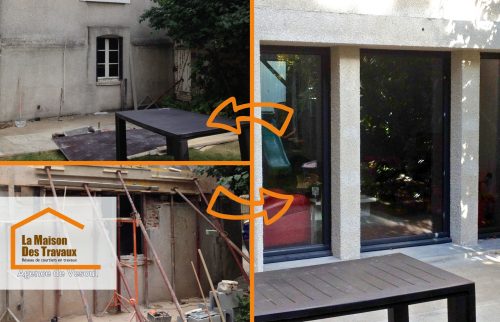 Avant / Après rénovation façade à Luxeuil : Transformation d’une façade ancienne avec ajout de grandes baies vitrées pour plus de luminosité et de modernité.