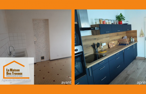 Avant/après cuisine Ste Bazeille : transformation totale avec finitions modernes, sol bois, cuisine sur mesure.