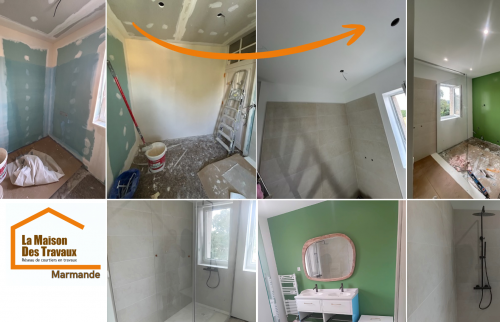 Nouvelle salle de bain à Xaintrailles : design sobre, matériaux durables et finitions soignées.