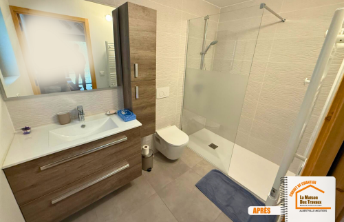 La Maison des Travaux Albertville, transformation garage studio Mercury, création mezzanine Savoie, artisans rénovation Moûtiers, parement pierre façade