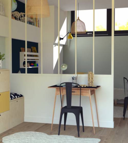 Aménagement sus-sol pour chambre deux garçons spération cloison verrière sol PVC souple fenêtre haute cintrée sur Douarnenez (29100)