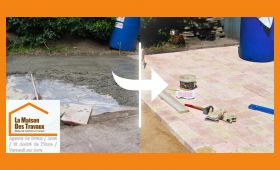 Pose de pavés à Dreux : transformation d’une base bétonnée en terrasse esthétique avec pierre reconstituée.