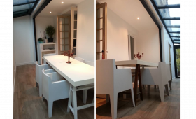 chalet extension Sallanches, maison familiale agrandie, extension rez-de-chaussée, parquet bois intérieur, peinture blanche rénovation