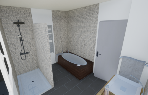 Vue 3D création salle de bains surélévation à Nantes
