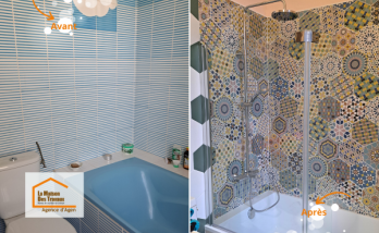 Avant / après d’une rénovation de salle de bain entre Agen et Boé : transformation complète d’un espace ancien en une pièce moderne et lumineuse.