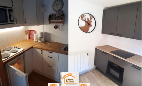 rénovation appartement Méribel, sol carrelage bois moderne, peinture et spots LED, cuisine design Savoie, rénovation salon chaleureux