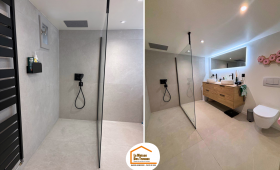  rénovation salle de bains Gex, douche italienne carrelage grand format, salle de bain design, rénovation maison Pays de Gex, salle de bain contemporaine