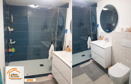 transformation WC et salle de bain, artisan rénovation Albertville, éclairage LED salle de bain, cloison salle d’eau, aménagement intérieur