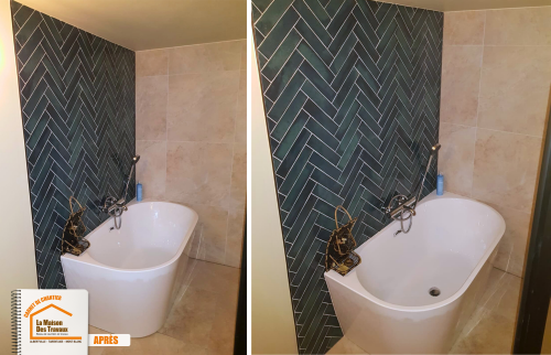 rénovation salle de bains La Côte-d’Aime, faïence zellige chevron, douche italienne haut de gamme, baignoire moderne salle de bains, artisan salle de bains Savoie