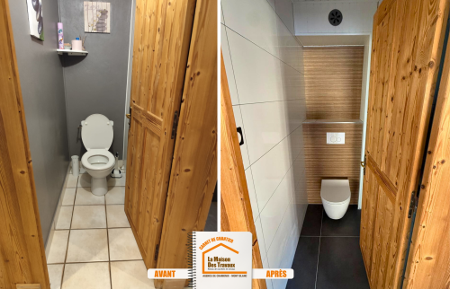 travaux rénovation Chamonix Mont-Blanc, carrelage élégant durable, rénovation WC et salle d’eau, appartement moderne montagne, courtier travaux Haute-Savoie, la maison des travaux sallanches