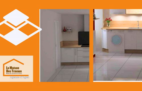 Un carrelage élégant à Agen apporte modernité et facilité d’entretien dans cette cuisine rénovée par des artisans qualifiés. 