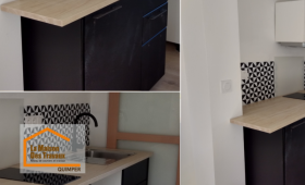 Détail du plan de travail effet bois installé lors d’une rénovation de cuisine à Quimper, apportant chaleur et modernité à l’espace.
