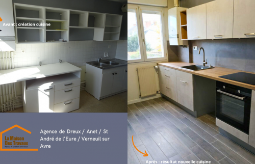 Avant : une cuisine démodée avec un agencement peu pratique. Après : un espace moderne, lumineux et parfaitement optimisé.