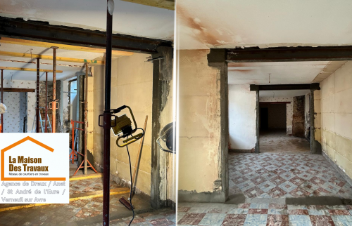 Rénovation structurelle en Eure-et-Loir : Transformation intérieure avec renforcement des murs porteurs et ouverture d’espaces pour un nouvel agencement.