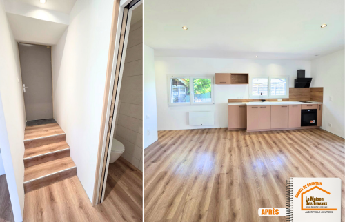  installation cuisine équipée, studio moderne Savoie, transformation avant après garage, rénovation intérieure maison, studio avec salle de bain intégrée