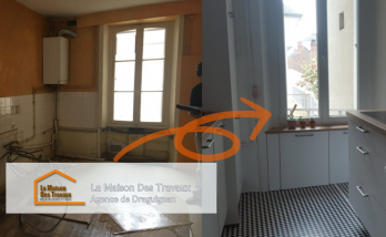 Comparaison avant-après de la rénovation, montrant la transformation complète d’une cuisine vétuste en un espace moderne et accueillant.