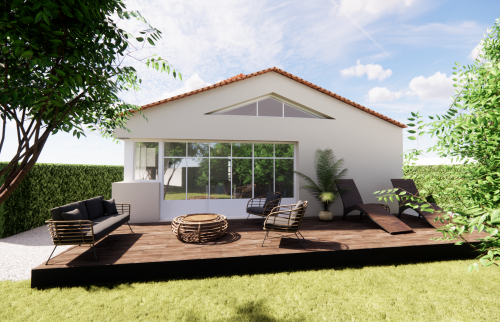 Création d'une extension de maison de 20 m² à Rezé (44400) - vue du jardin : baie vitrée type verrière - plan 3D